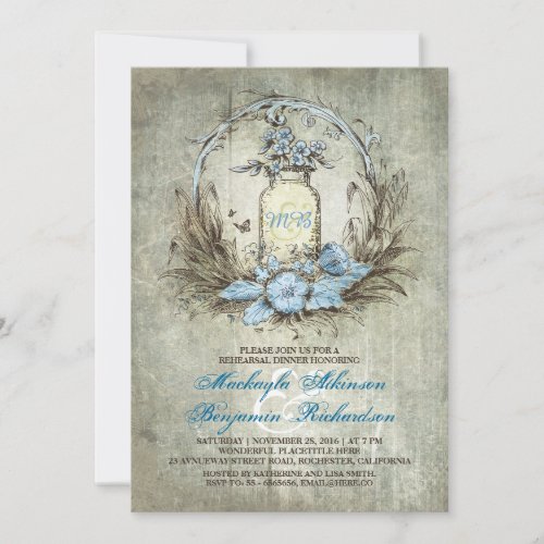 Vintage floral mason jar rustic rehearsal dinner invitation