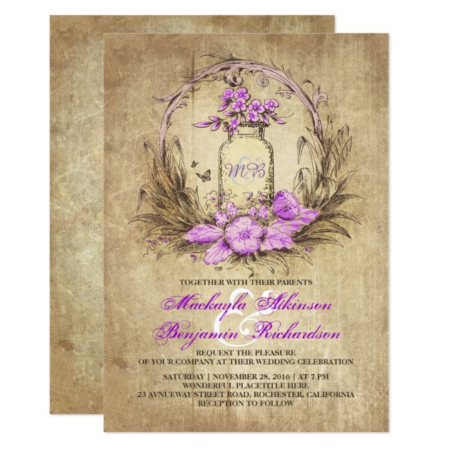 Vintage Floral Mason Jar Rustic Wedding Invitation