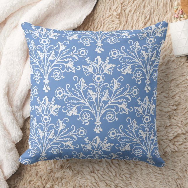 Vintage Floral Medallion White Cornflower Blue Throw Pillow (Blanket)