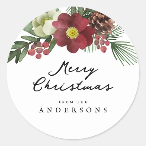 Vintage Floral Merry Christmas Classic Round Sticker