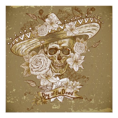 Vintage Floral Mexican Sugar Skull Poster