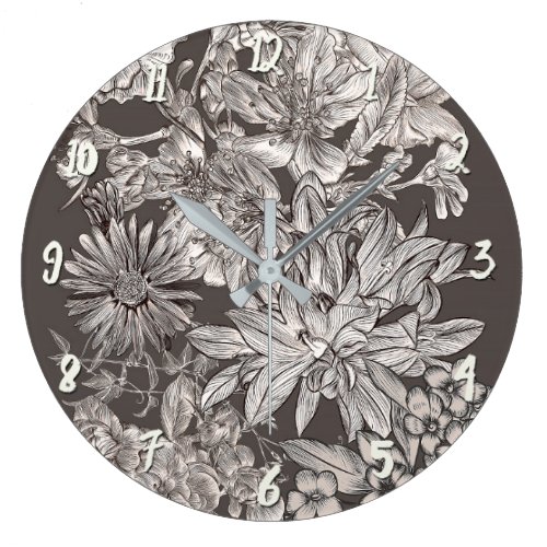 Vintage Floral Modern Ivory &amp; Grey Botanical Chic Large Clock
