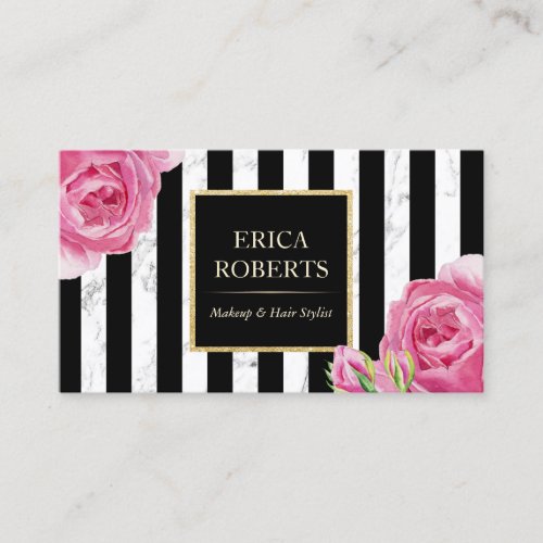 Vintage Floral Modern Stripes Marble Makeup Artist Business Card