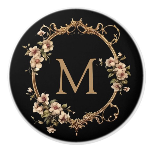 Vintage Floral Monogram Black Ceramic Knob (Front)