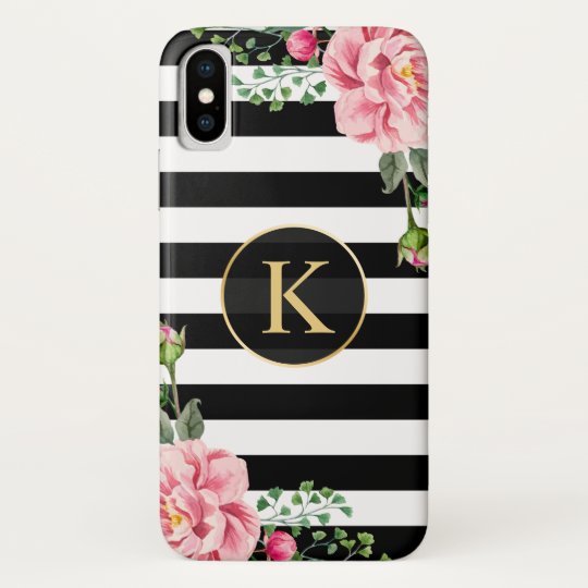 Vintage Floral Monogram Black White Striped Case Mate Iphone Case