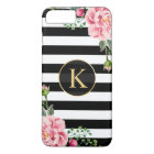 Vintage Floral Monogram Black White Striped