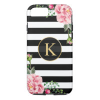 Vintage Floral Monogram Black White Striped iPhone 8/7 Case