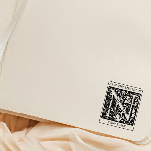 Vintage Floral Monogram Letter N From the Library Rubber Stamp