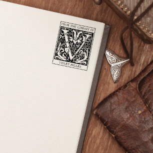 Vintage Floral Monogram Letter V From the Library Rubber Stamp