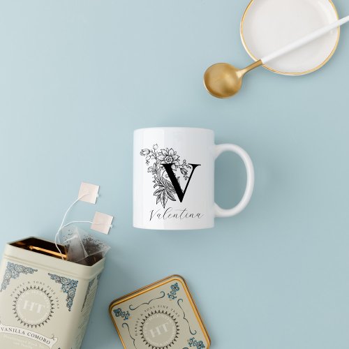 Vintage Floral Monogram Letter V Name Coffee Mug