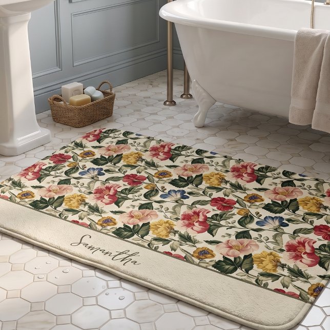 Vintage Floral Monogram Name Bath Mat (Creator Uploaded)