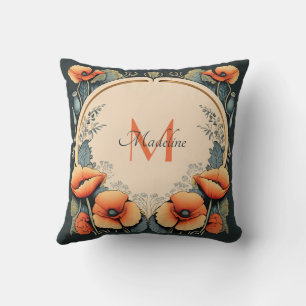 Vintage Floral Monogram Poppies Art Nouveau Throw Pillow