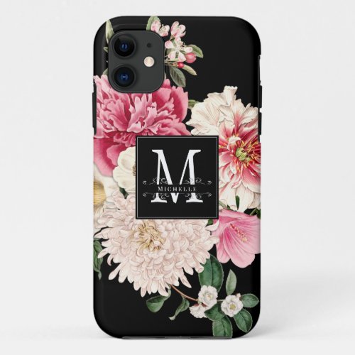 Vintage Floral Monogram Swirls Black Elegant Chic iPhone 11 Case