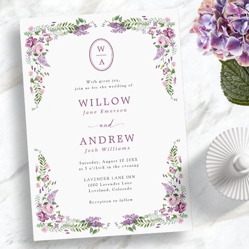 Vintage Floral Monogram Wedding Invitation