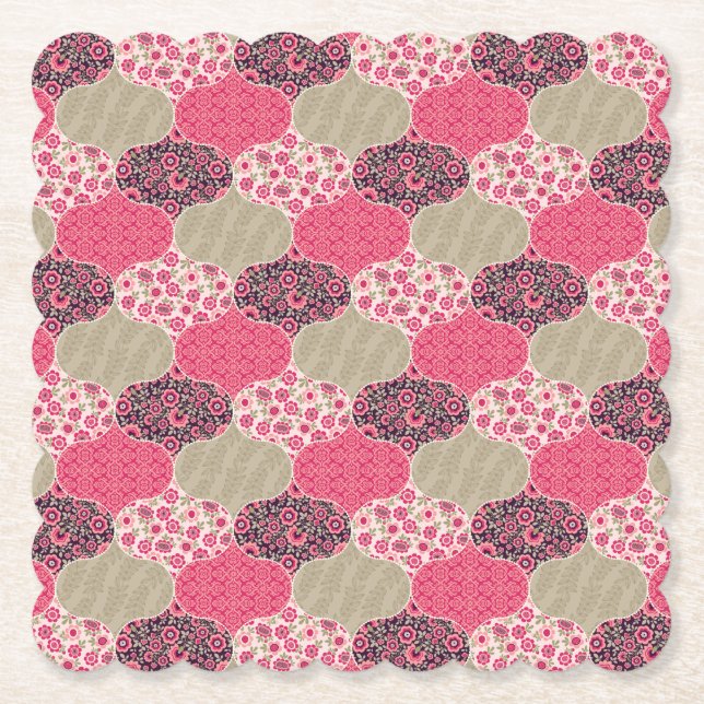 Vintage Floral Moroccan Pattern Pink Paper Coaster (Front)