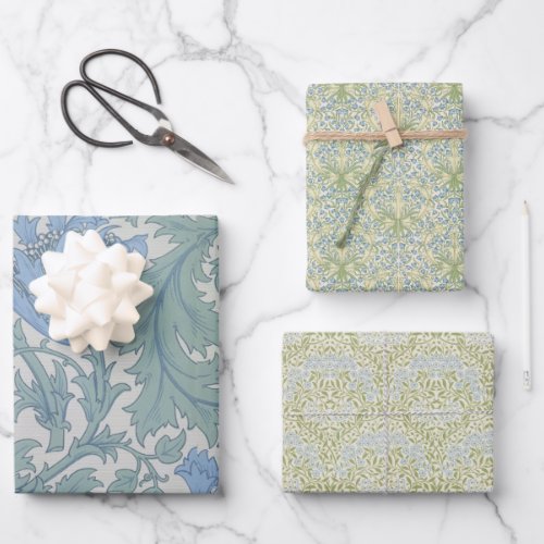 Vintage Floral Morris Blue Flowers Green Leaves Wrapping Paper Sheets