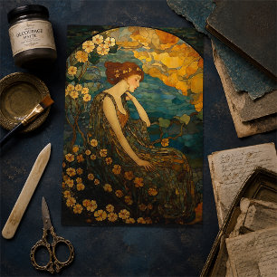 Vintage Floral Mosaic Moonlit Gold Lady Decoupage Tissue Paper