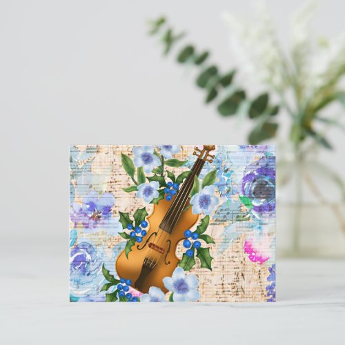 Vintage Floral Music Violin Postcard