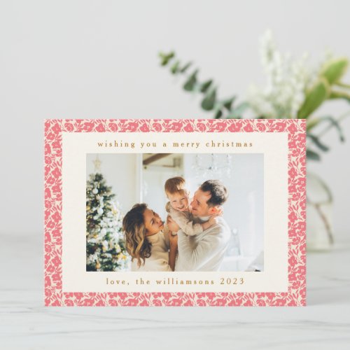 Vintage Floral Muted Red Cute Two Photo Christmas Holiday Card
