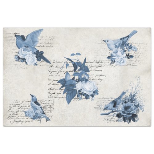 Vintage Floral Navy Blue Birds Antique Decoupage Tissue Paper