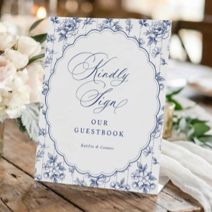 Vintage Floral Navy Blue Guestbook French Wedding Pedestal Sign