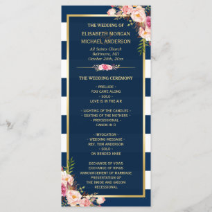 Vintage Floral Navy Blue Striped Wedding Program