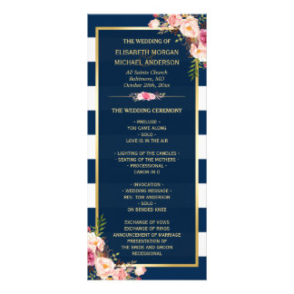 Vintage Floral Navy Blue Striped Wedding Program