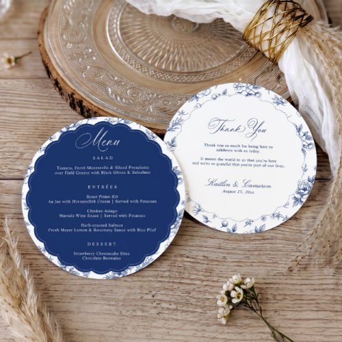 Vintage Floral Navy Blue Thank You Round Wedding Menu