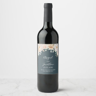 Vintage Floral Navy Blue Wedding Wine Label