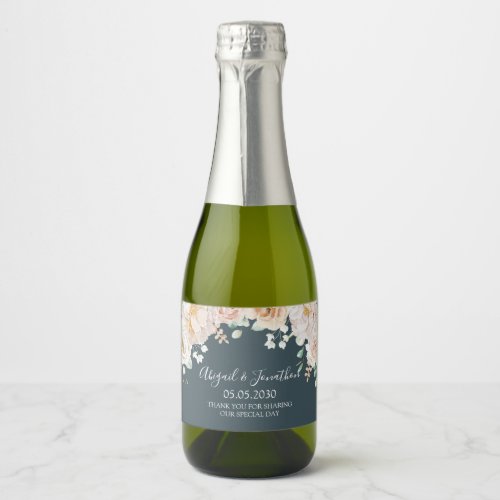 Vintage Floral Navy Blue Wedding Wine Label