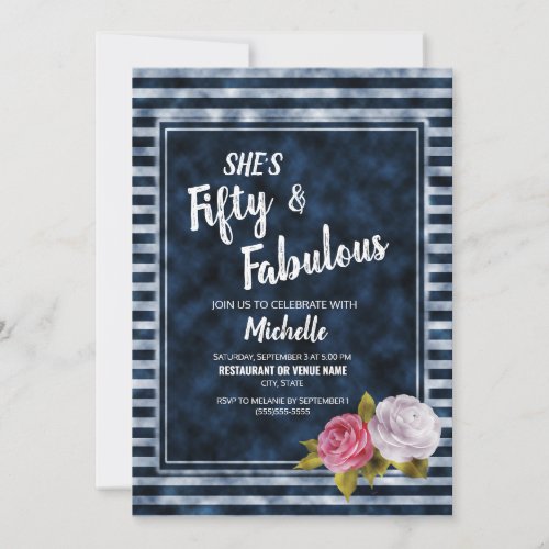 Vintage Floral Navy Blue White Striped Fifty Year Invitation