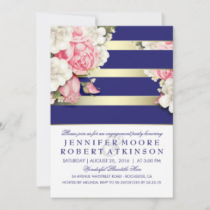 Vintage Floral Navy Gold Stripes Engagement Party Invitation
