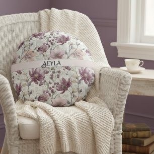 Vintage Floral Newspaper Pattern Round Pillow