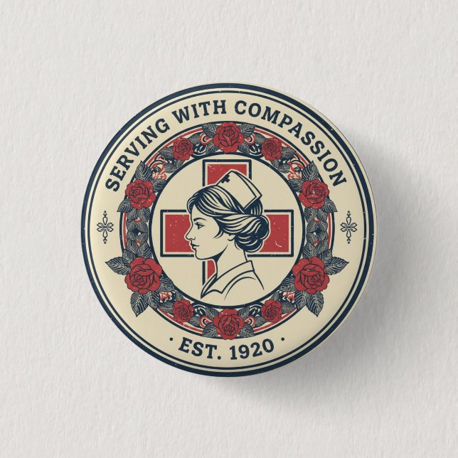 Vintage Floral Nurse Emblem Round Button (Front)