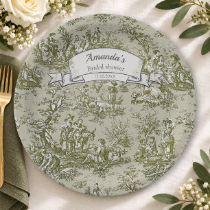 Vintage floral olive green toile de jouy shower paper plates