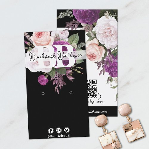 Vintage Floral on Black Earring Jewelry QR Code Business Card