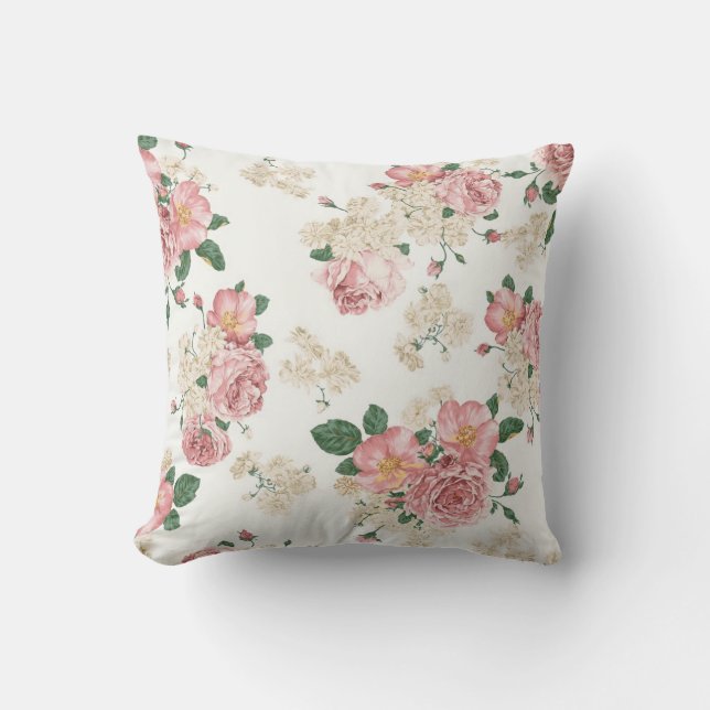 Vintage Floral on White Outdoor Pillow (Front)