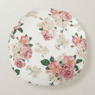Vintage Floral on White Round Pillow