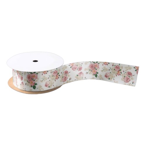 Vintage Floral on White Satin Ribbon