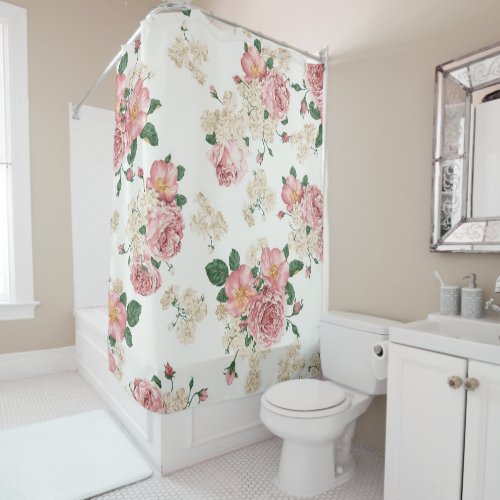 Vintage Floral on White Shower Curtain