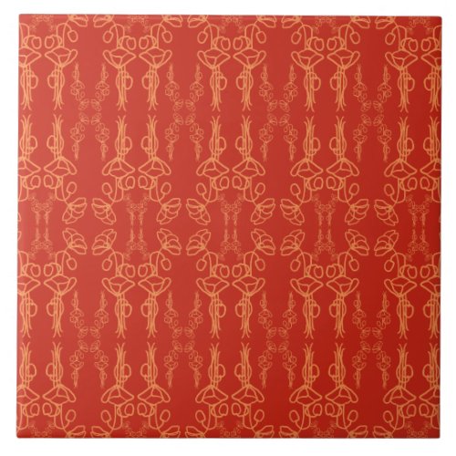 Vintage Floral Orange on Red Poppy Flower Outline Ceramic Tile