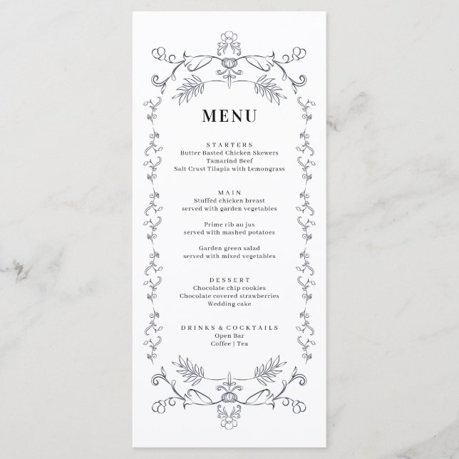 Vintage Floral Ornament border Menu Card (Front)