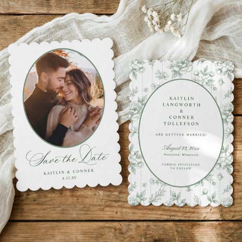 Vintage Floral Oval Sage Green Photo Wedding Save The Date