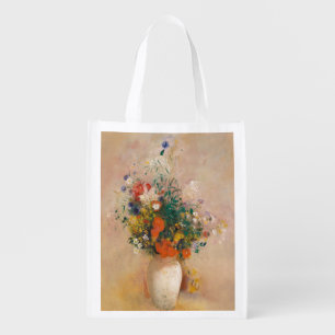 Vintage Floral Painting: Vase of Flowers by Redon Grocery Bag