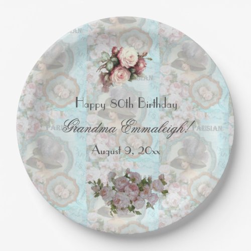 Vintage Floral Parisian Powder Blue Birthday Paper Plates