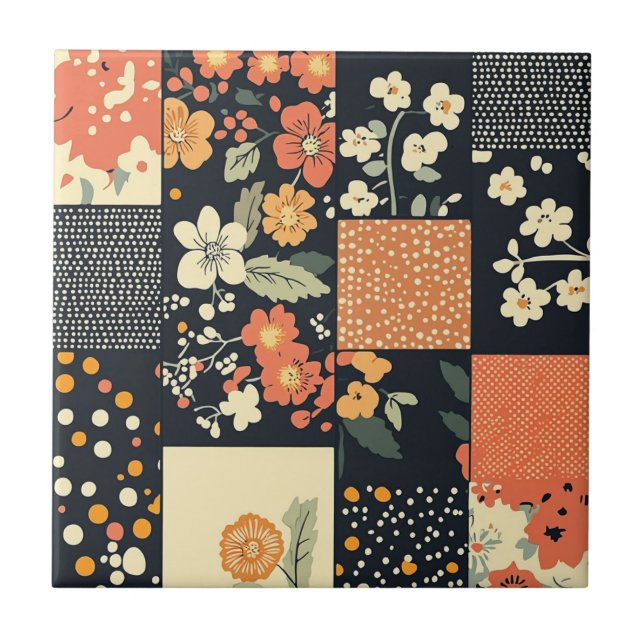 Vintage Floral Patchwork Pattern Ceramic Tile (Front)