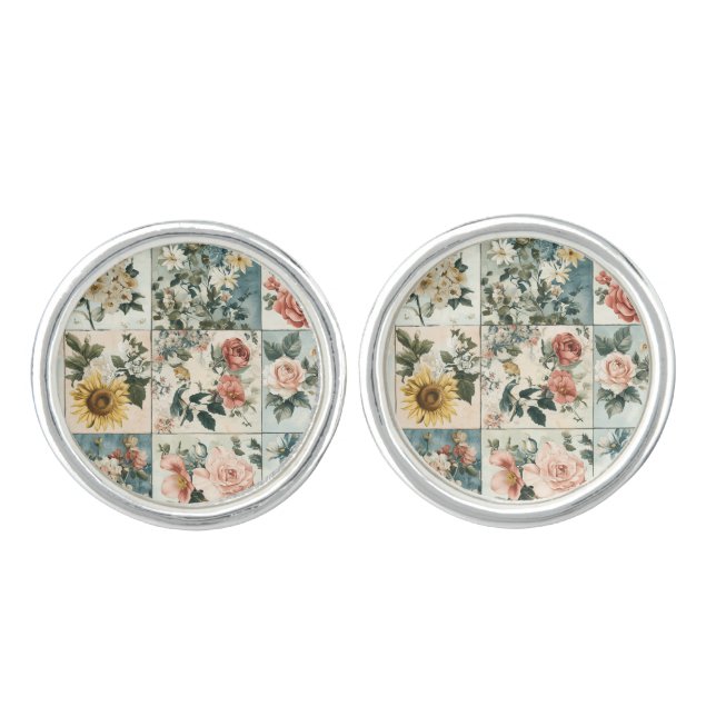 Vintage Floral Patchwork Style Design Cufflinks (Front)