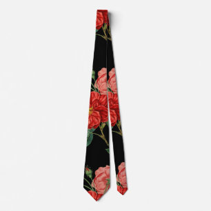 Vintage floral pattern, beautiful red flowers neck tie