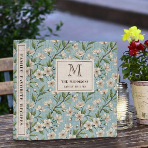 Vintage Floral Pattern Blue Linen Monogram Recipe 3 Ring Binder