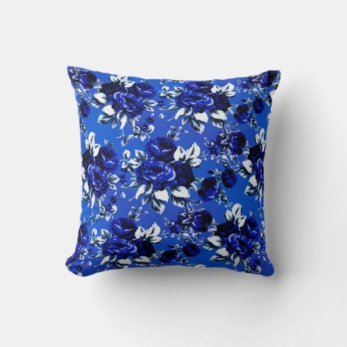 Vintage Floral Pattern  Blue White  Navy Throw Pillow